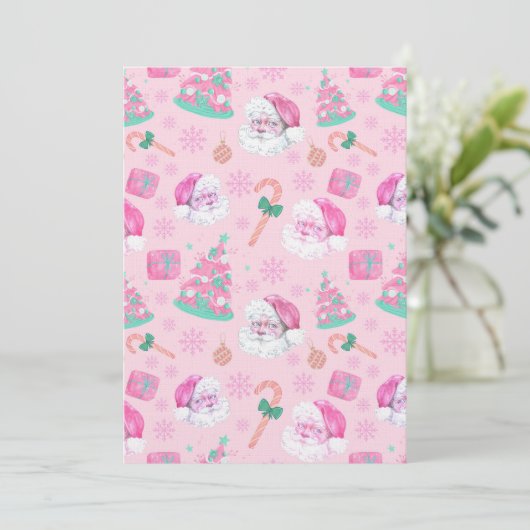 Pink Christmas Santa Clau & Tree Seamless Pattern 招待状 (スタンド正面)