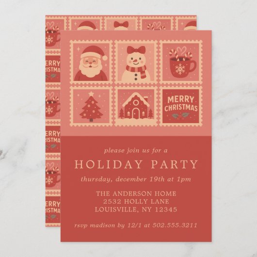 Pink Christmas Stamp Collage Invitations 招待状 (正面/裏面)