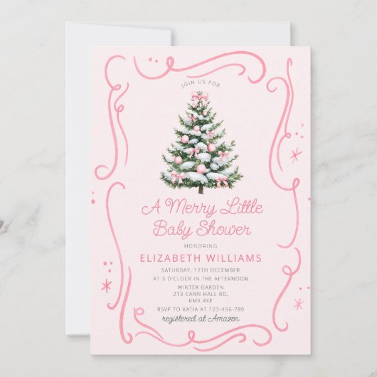 Pink Christmas Tree A Merry Little Baby Shower 招待状 (正面)
