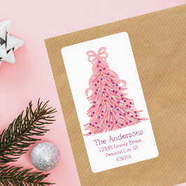 Pink Christmas Tree and Bow Return Address  ラベル