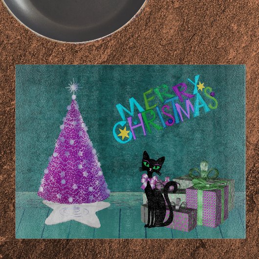 Pink Christmas Tree Black Cat Wrapped Present Teal カッティングボード