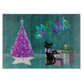 Pink Christmas Tree Black Cat Wrapped Present Teal カッティングボード (正面)