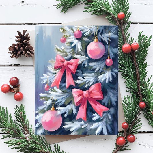 Pink Christmas Tree | Bows Ornaments Watercolor シーズンポストカード