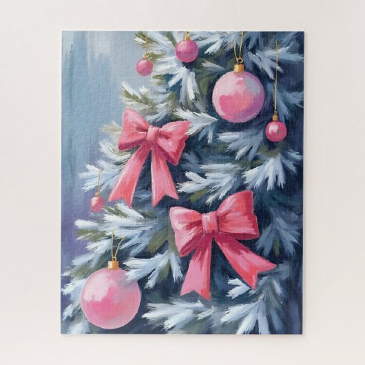 Pink Christmas Tree | Bows Ornaments Watercolor ジグソーパズル (縦)