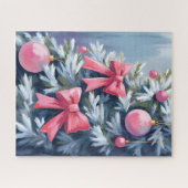 Pink Christmas Tree | Bows Ornaments Watercolor ジグソーパズル (横)