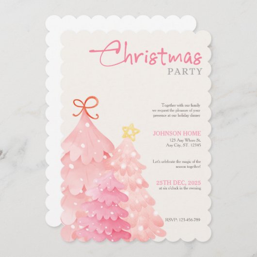 Pink Christmas Tree Christmas Party Invitation 招待状 (正面/裏面)
