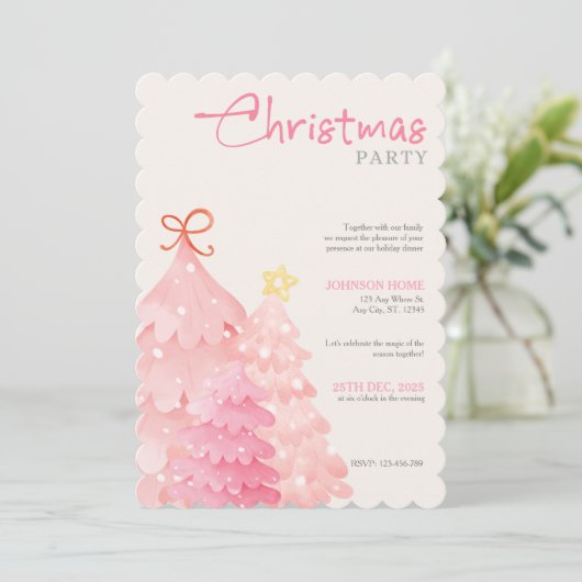 Pink Christmas Tree Christmas Party Invitation 招待状 (スタンド正面)