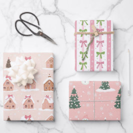 Pink Christmas Tree Gingerbread Houses Bows ラッピングペーパーシート