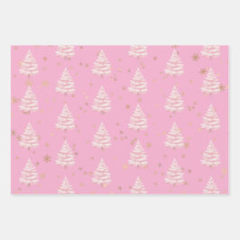 Pink Christmas Tree Gold Snowflakes ラッピングペーパーシート