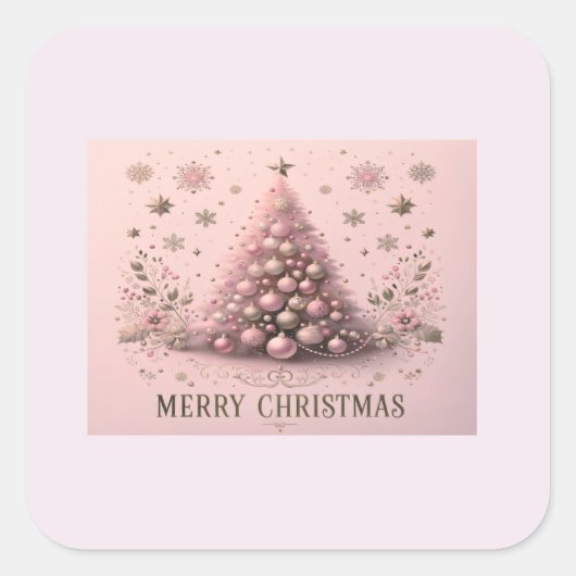 Pink Christmas Tree Merry Christmas スクエアシール (正面)