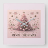 Pink Christmas Tree Merry Christmas Wall Clock スクエア壁時計 (正面)