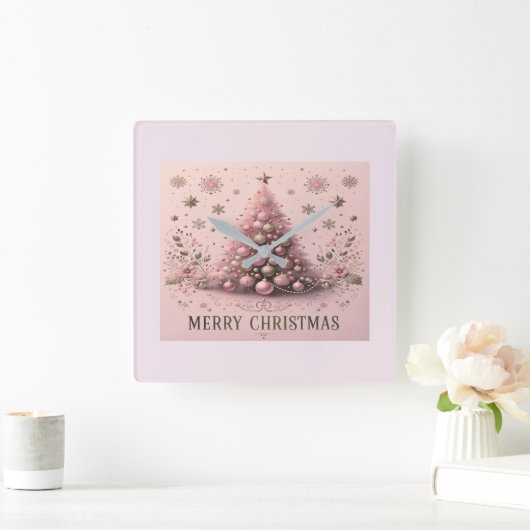 Pink Christmas Tree Merry Christmas Wall Clock スクエア壁時計 (ホーム)