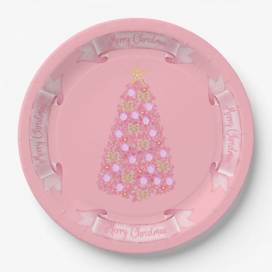 Pink Christmas Tree Paper Plate ペーパープレート (正面)