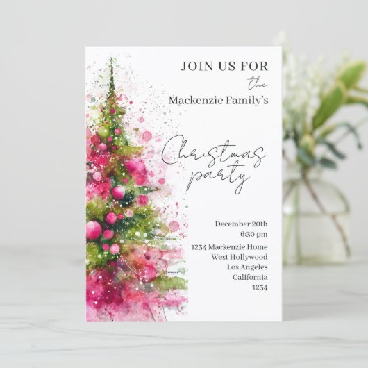  Pink Christmas Tree Party Personalized Invitation シーズンカード (スタンド正面)
