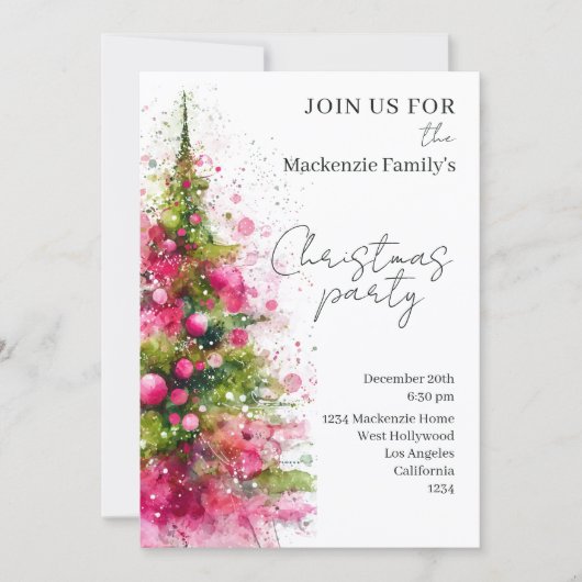  Pink Christmas Tree Party Personalized Invitation シーズンカード (正面)