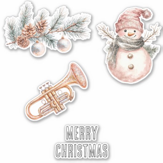 Pink Christmas Tree Pine Cones Ornaments Trumpet シール (正面)