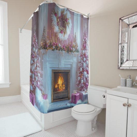 Pink Christmas Tree Pink Candles Fireplace Ostrich シャワーカーテン (インサイチュ)
