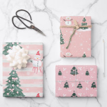 Pink Christmas Tree Snowman Playful Snowflakes