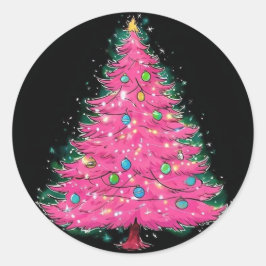 Pink Christmas Tree Sticker, Christmas Sticker ラウンドシール