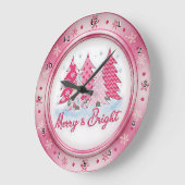 Pink Christmas Trees Round Holiday Design ラージ壁時計 (傾斜)