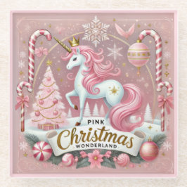 Pink Christmas Wonderland Unicorn ガラスコースター