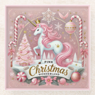 Pink Christmas Wonderland Unicorn ガラスコースター