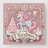 Pink Christmas Wonderland Unicorn スクエア壁時計 (正面)