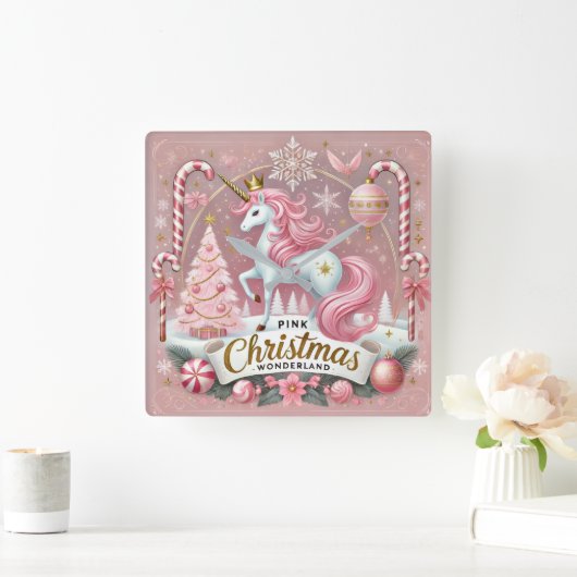 Pink Christmas Wonderland Unicorn スクエア壁時計 (ホーム)