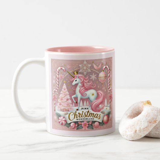 Pink Christmas Wonderland Unicorn ツートーンマグカップ (ドーナツ)