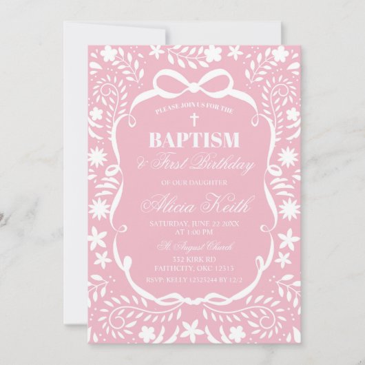 Pink Cielito Lindo Baptism Talavera Pattern 招待状 (正面)