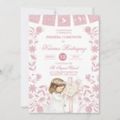 Pink Cielito Lindo First Holy Communion Girl Kneel 招待状 (正面)