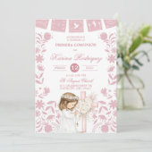 Pink Cielito Lindo First Holy Communion Girl Kneel 招待状 (スタンド正面)