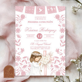 Pink Cielito Lindo First Holy Communion Girl Kneel 招待状