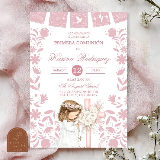 Pink Cielito Lindo First Holy Communion Girl Kneel 招待状