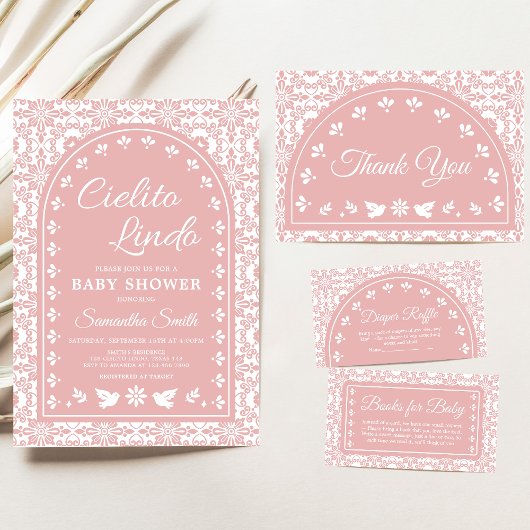 Pink Cielito Lindo Papel Picado Baby Shower 招待状