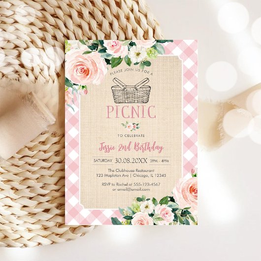 Pink Classic Picnic Birthday Invitation 招待状
