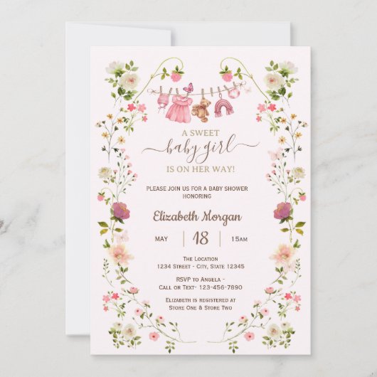 Pink Clothesline Wildflowers Baby Shower 招待状 (正面)