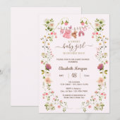 Pink Clothesline Wildflowers Baby Shower 招待状 (正面/裏面)