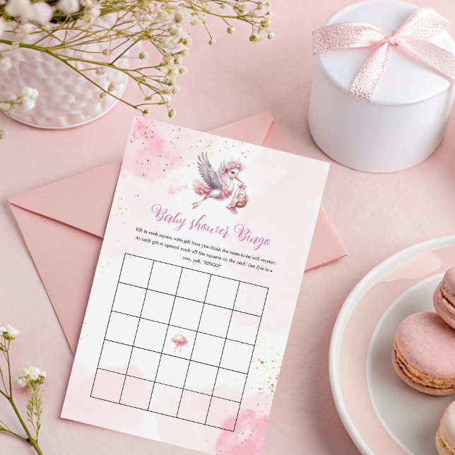 Pink Cloud Baby Shower Bingo with Stork Design (クリエイターアップロード済み)