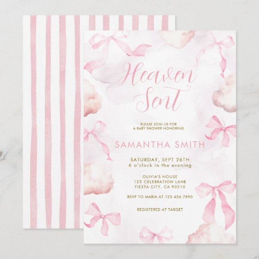 Pink Cloud Bow Baby Shower Invite 招待状 (正面/裏面)