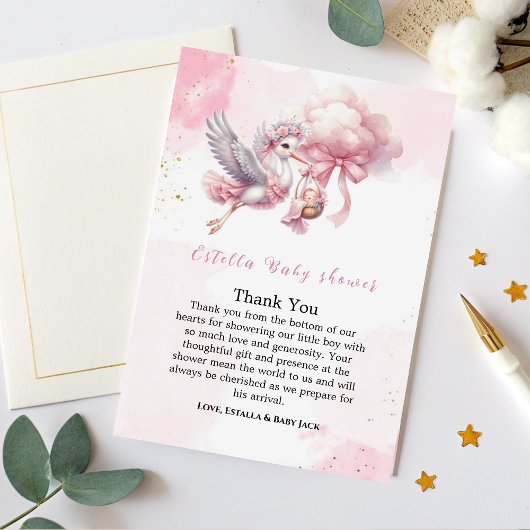 Pink Clouds It's a Girl Baby Shower Thank You Card サンキューカード