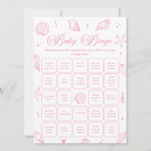 Pink Coastal Baby Shower Find the Guest Bingo Game 招待状 (正面)