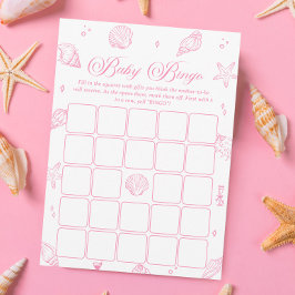 Pink Coastal Beach Baby Shower Bingo Game Card 招待状