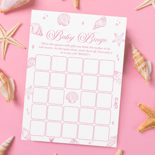 Pink Coastal Beach Baby Shower Bingo Game Card 招待状