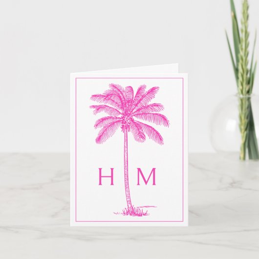 Pink Coastal Palmetto Palm Monogram ノートカード (正面)