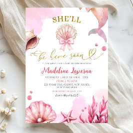 Pink Coastal She'll Be Here Soon Baby Shower 招待状