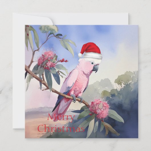Pink Cockatoo Gala Santa Hat Merry Christmas シーズンカード (正面)