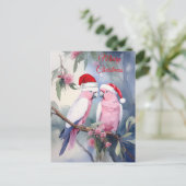 Pink Cockatoos Santa Hat Merry Christmas ポストカード (スタンド正面)