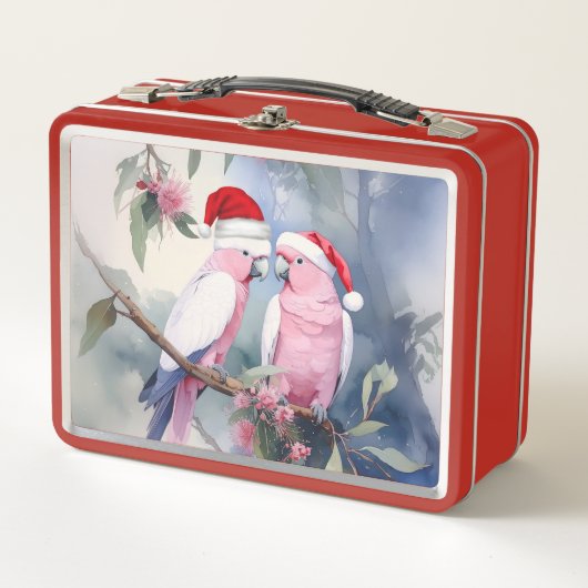 Pink Cockatoos Santa Hat Merry Christmas メタルランチボックス (正面)