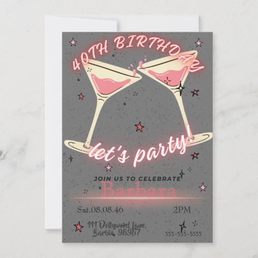 Pink Cocktail 40th Birthday Invitation セーブザデート (正面)